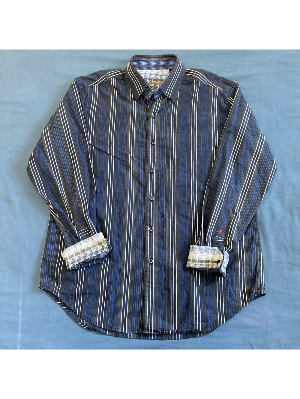 Robert Graham Stripe Button Down Shirt Cotton Flip Cuff - Grey Mens Size Large
